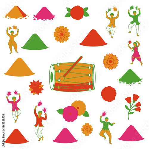 A lively illustration depicting the Holi festival with people, colors, flowers, and a dhol.