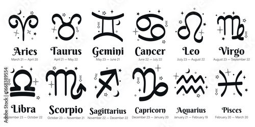 Vector image of zodiac signs icons. Concept of fortune telling by tarot cards and horoscope forecasts. Element for your design