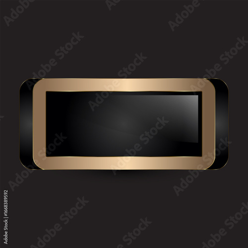 A glossy black and gold button design in vector format, A Luxury special shape Symbol with sleek rounded edges, featuring acenter that reflects light button