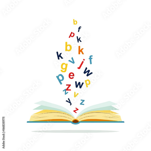 An open book with colorful letters floating upwards, representing knowledge and learning