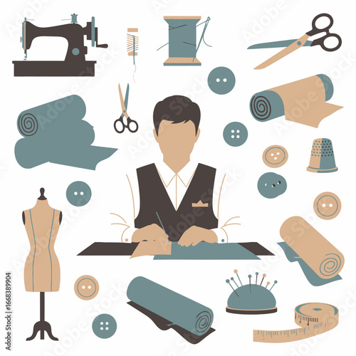 A tailor works on a pattern surrounded by sewing tools and fabrics.