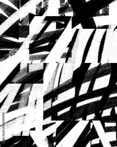 Black‑and‑white abstract painting : diagonal charcoal strokes cut into grid blocks; dynamic motion, strong contrast, gritty paper texture