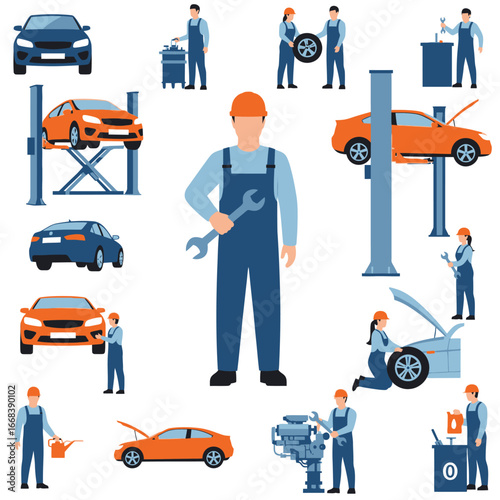 Illustration of auto repair shop with mechanics, cars, and tools.