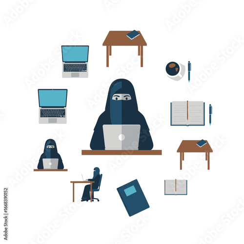 A Muslim woman in a niqab works on her laptop.  Modern workplace illustration.