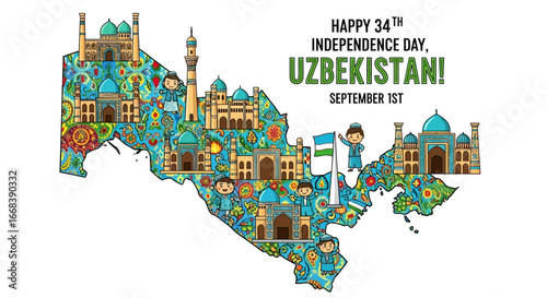 Uzbekistan's 34th Independence Day celebration depicted with landmarks and cultural elements on a map, featuring a child waving the national flag.