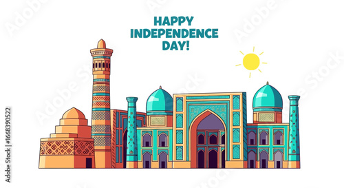 Illustration of a stylized Uzbek architectural complex with a tower, domes, and intricate facades, celebrating Independence Day with a bright sun.