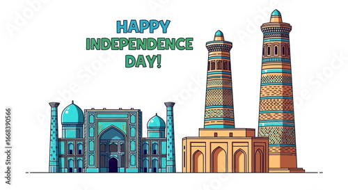 Illustration of Uzbek architecture, including a madrasah and minarets, celebrating Independence Day with teal and beige colors on a white background.