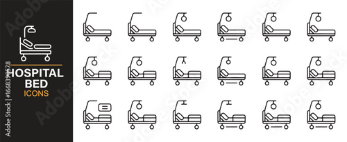 Modern hospital bed icons for healthcare, treatment, and recovery design projects.