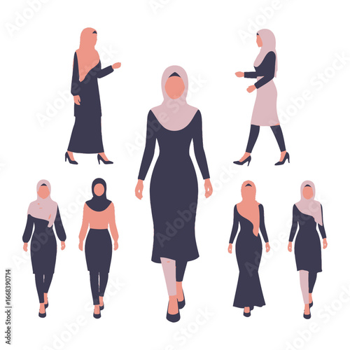 Collection of illustrations showcasing elegant Muslim women in different poses and stylish hijabs.