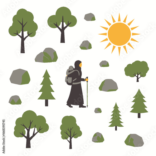 A woman in hijab hikes through a sunny landscape.