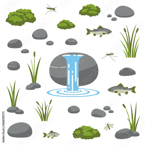 A peaceful illustration depicting a small waterfall, fish, and various plants.