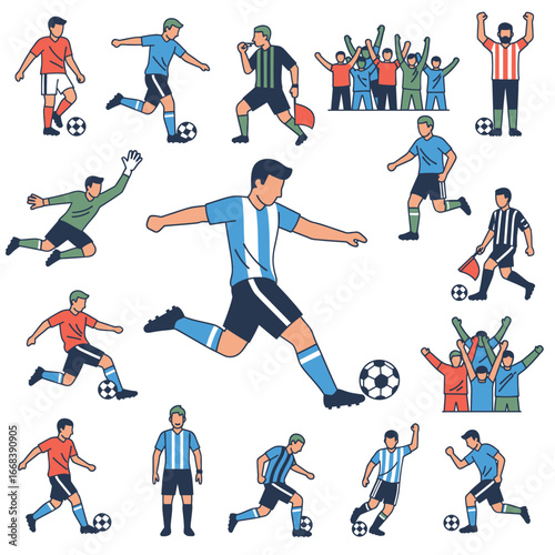 Various soccer players in action poses, including goalkeepers, referees, and celebrating fans.