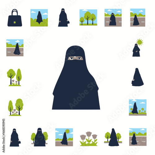Flat icons depicting a woman in a niqab in various settings.