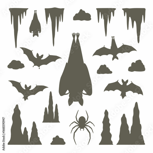 Illustration featuring bats hanging in a cave, along with spiders and cave formations.