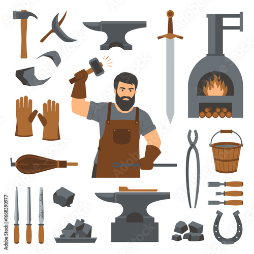 Illustration of a blacksmith with his tools and equipment.