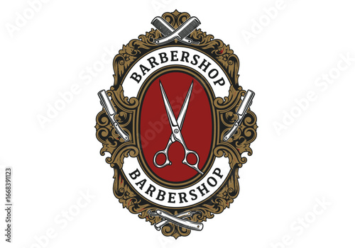 A vintage barbershop logo featuring scissors, razors, and an ornate frame.  Classic and elegant design.