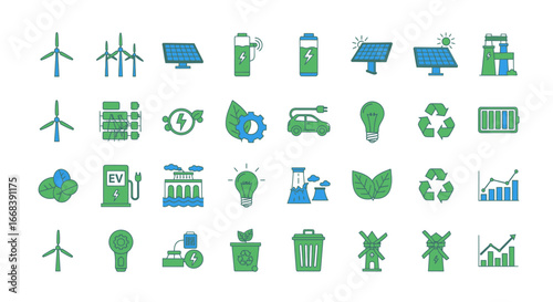 Collection of green energy icons representing sustainable power solutions.