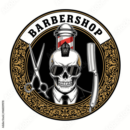 A skull in a suit with a mohawk, barber tools, and a classic barbershop pole.  Edgy and stylish logo design.