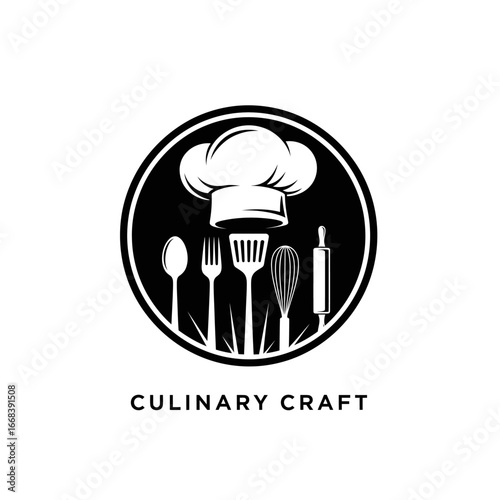 A stylish logo featuring a chef's hat and various cooking utensils. Perfect for restaurants or culinary businesses.