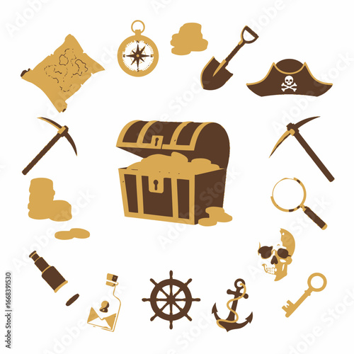 A cartoon illustration of a pirate treasure chest surrounded by various nautical items.