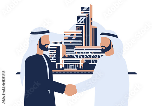 Two Arab businessmen shaking hands in front of a modern city backdrop.  A successful business deal.