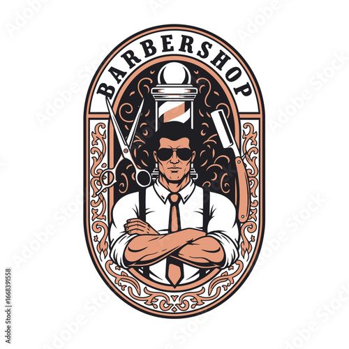 A strong barber in a vintage barbershop logo design.