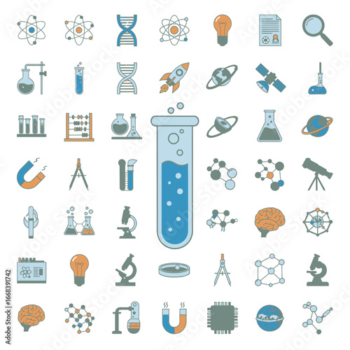 Collection of science icons representing various fields of study and technological achievements.
