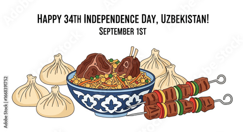 Illustration celebrating Uzbekistan's 34th Independence Day with a bowl of plov, shish kebabs, and dumplings.