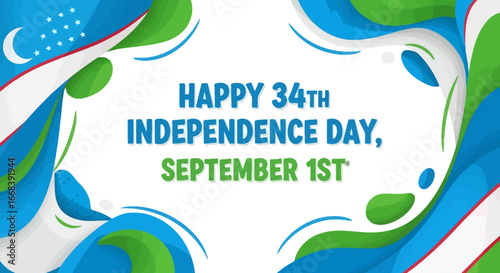 Uzbekistan's 34th Independence Day celebration design with flag colors and crescent moon, commemorating September 1st.
