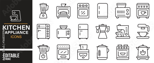 Modern vector icons of kitchen appliances for food, cafe, and restaurant projects.