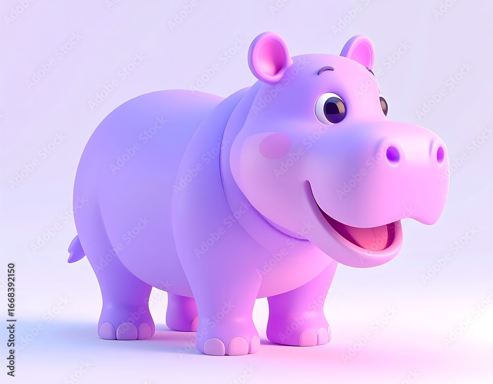 Fototapeta premium Adorable 3D Cartoon Hippo with a Friendly Smile in a Soft Pastel Background