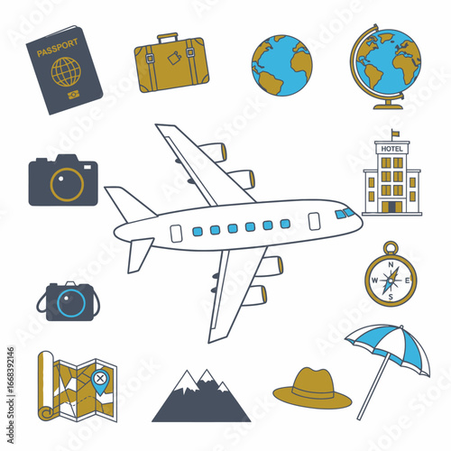 Iconic travel items: airplane, passport, globe, and more!