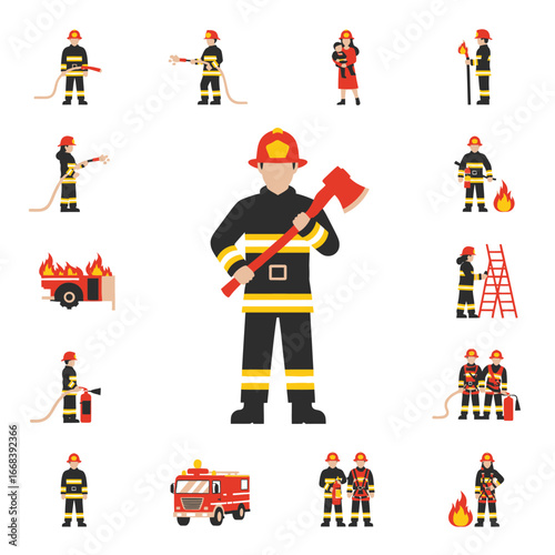 Collection of firefighter icons depicting various actions and equipment.