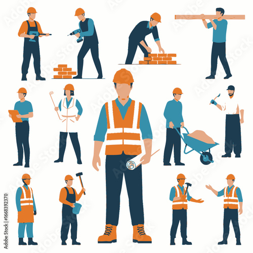 Diverse team of construction workers, showcasing various roles and tasks in building projects.