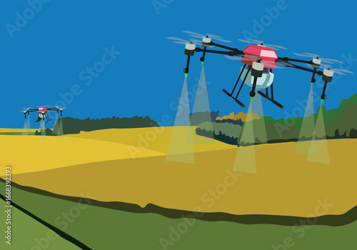 Drone spraying tasks on yellowing farmland. Farmland and drone service technology for farmers..eps