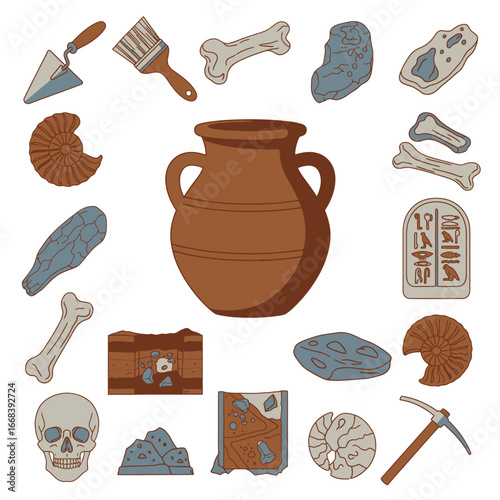 Illustration of various archaeological finds, including pottery, bones, fossils, and tools.