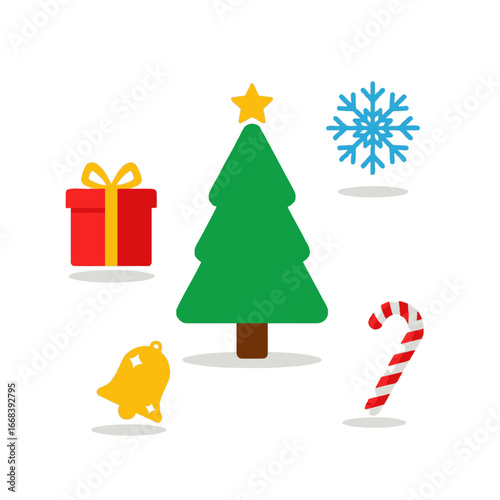 A cheerful Christmas illustration featuring a decorated tree, gifts, candy cane, and snowflake.