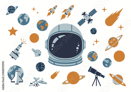 An illustration featuring an astronaut helmet and various space objects.