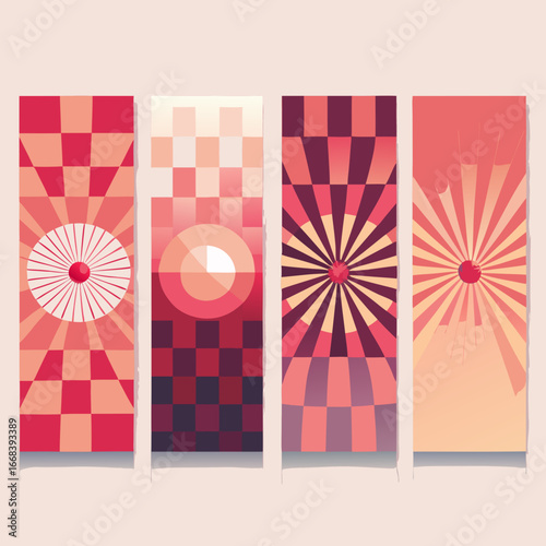 Abstract geometric art posters featuring radiant sunbursts and checkerboard patterns vector