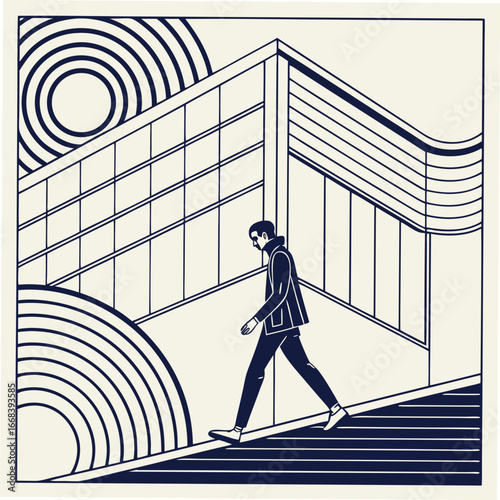 Mid century modern abstract vector illustration of a man walking up stairs near a building vector