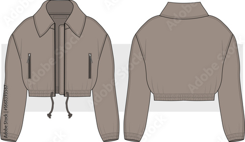 Unisex cropped casual jacket with pocket and zipper detail. flat sketch technical drawing, vector, illustration. Front and Back view. Cad, Mockup.