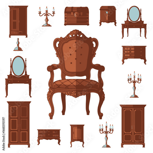 Collection of elegant antique furniture.  Includes chairs, chests, and more.