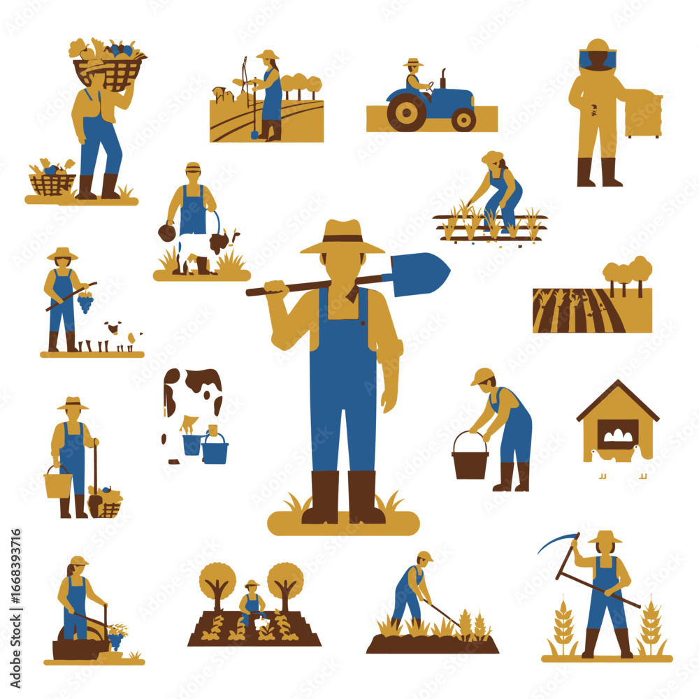 Naklejka premium Vibrant illustration showcasing various aspects of farm life, from planting to harvesting.