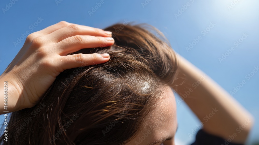 Naklejka premium Close up view of person scalp under bright sunlight, showcasing healthy hair and hand gently touching hair. image conveys sense of care and attention to hair health