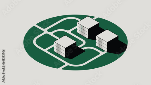 Isometric view of three cube buildings on a green oval with white roads and shadows cast on the ground