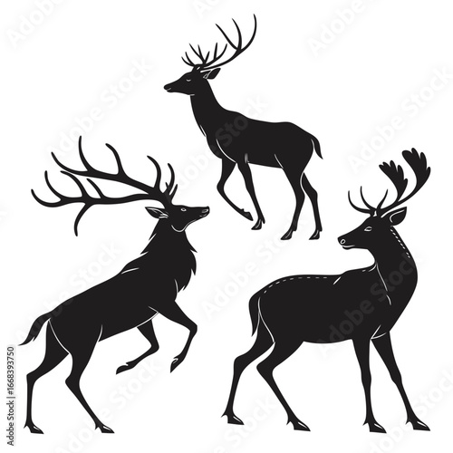 Majestic stag silhouettes vector illustration featuring three distinct antlered deer poses vector
