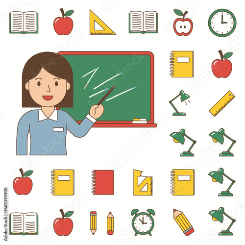A cheerful teacher stands by a chalkboard, surrounded by various school supplies.  Perfect for education themes.