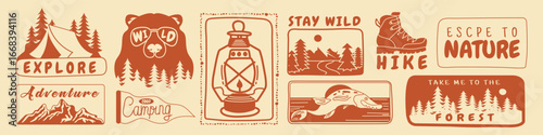 Hiking and camping badge set with hand-drawn forest and wildlife elements.Retro adventure emblems with bear logo, mountain silhouettes,tourism stamps.Vintage style stickers for outdoor and travel desi