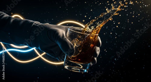 Dynamic whiskey splash captured with luminous trails and hand-held elegance