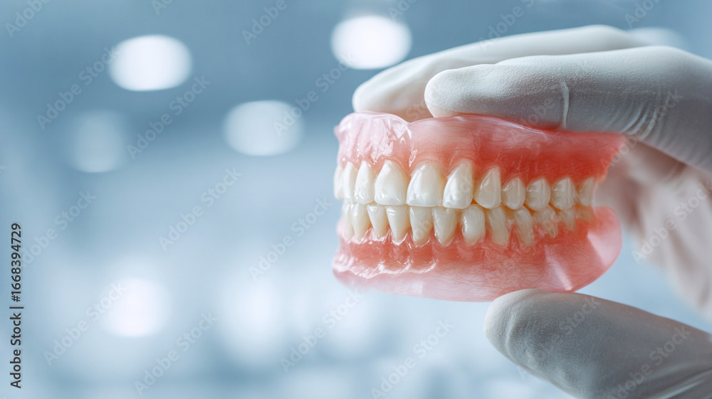 Fototapeta premium Gloved Hand Holding Dental Prosthetic Close-up.